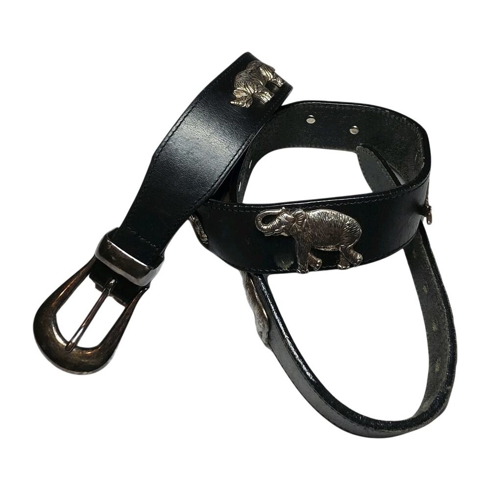 Honest Brighton Black Leather Metal Exotic Animals Belt Size 32" Rhino Elephant